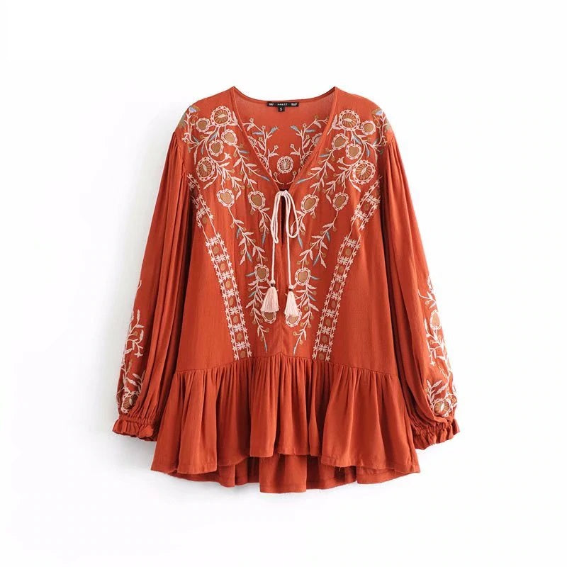 Floral Embroidery V-Neck Lace-Up Cotton Boho Blouse Mssza