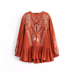 Floral Embroidery V-Neck Lace-Up Cotton Boho Blouse Mssza