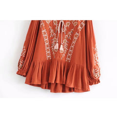 Floral Embroidery V-Neck Lace-Up Cotton Boho Blouse Mssza
