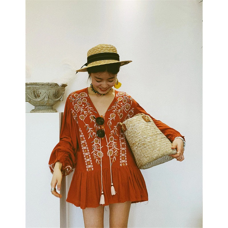 Floral Embroidery V-Neck Lace-Up Cotton Boho Blouse Mssza