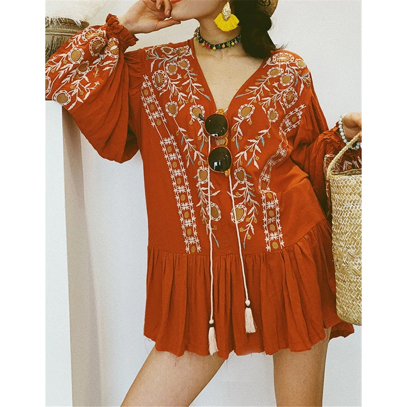 Floral Embroidery V-Neck Lace-Up Cotton Boho Blouse Mssza