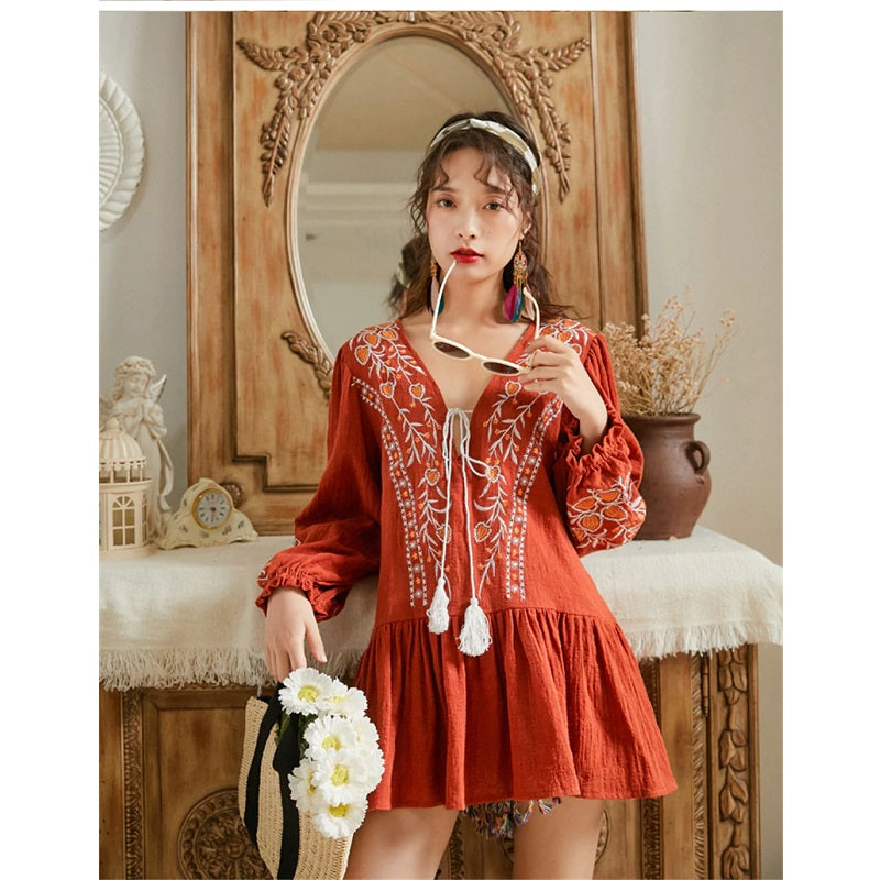Floral Embroidery V-Neck Lace-Up Cotton Boho Blouse Mssza