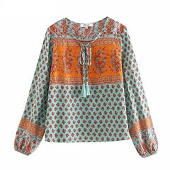 Floral Print Flare Sleeve Loose Boho Blouse Mssza
