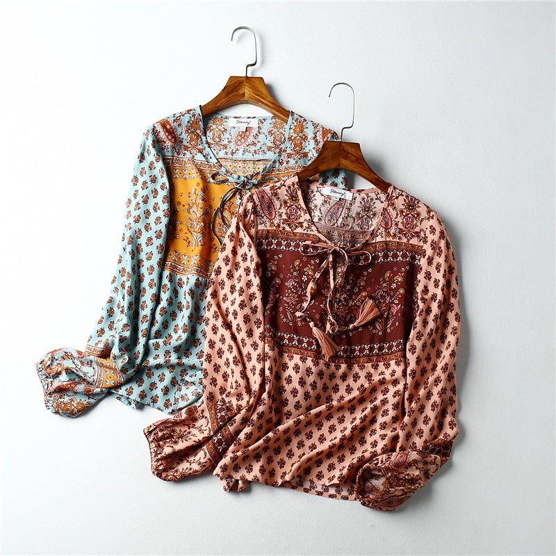Floral Print Flare Sleeve Loose Boho Blouse Mssza