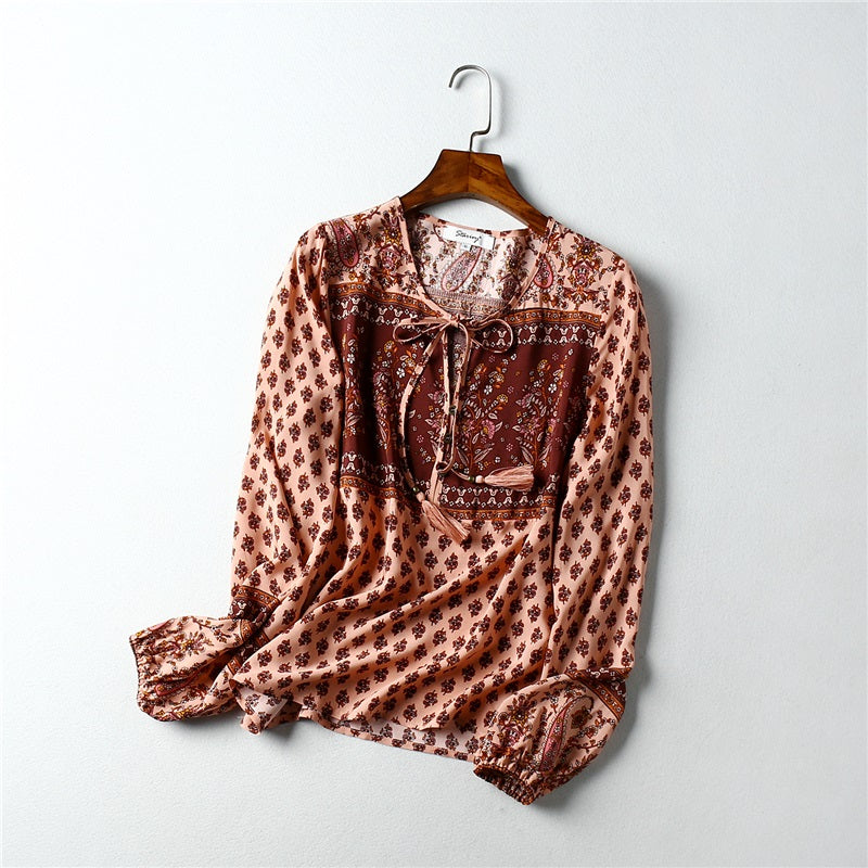 Floral Print Flare Sleeve Loose Boho Blouse Mssza