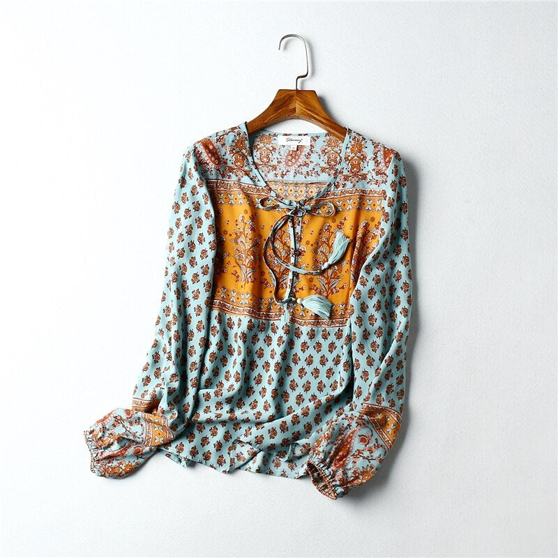 Floral Print Flare Sleeve Loose Boho Blouse Mssza