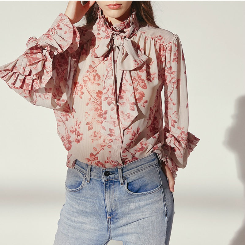 Floral Print Turtleneck Blouse Shirts Mssza