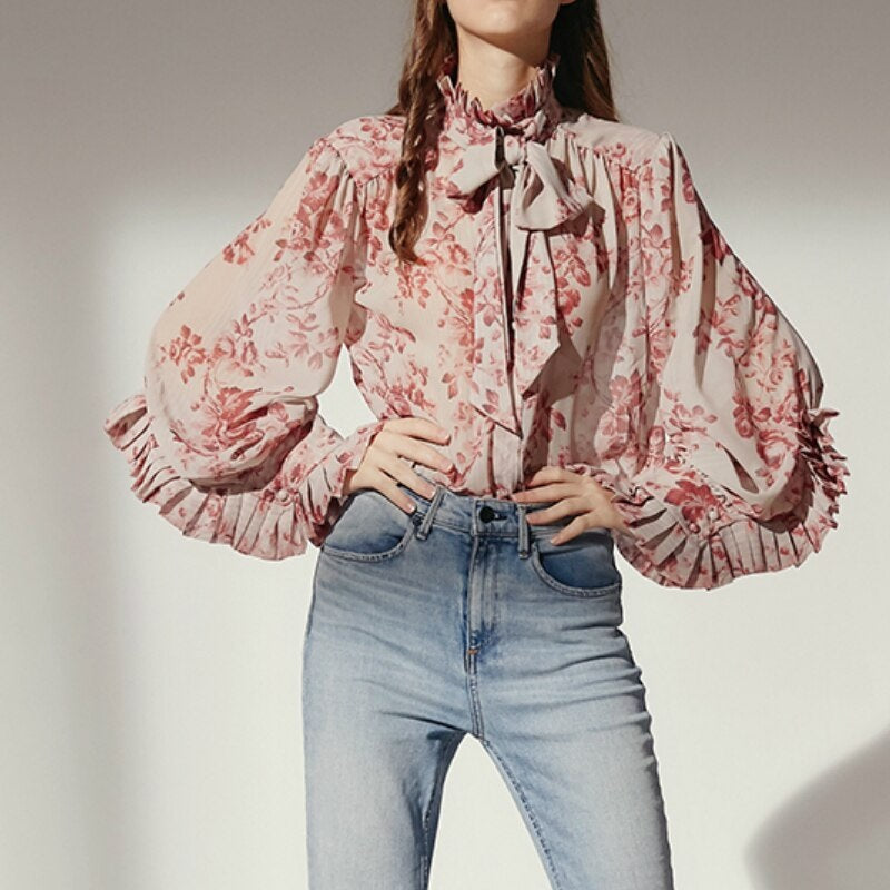 Floral Print Turtleneck Blouse Shirts Mssza