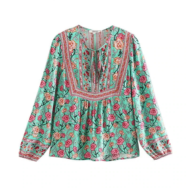 Floral Printed V-Neck Lace-Up Boho Blouse Mssza