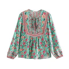 Floral Printed V-Neck Lace-Up Boho Blouse Mssza