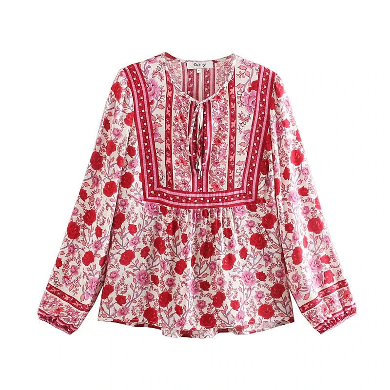 Floral Printed V-Neck Lace-Up Boho Blouse Mssza