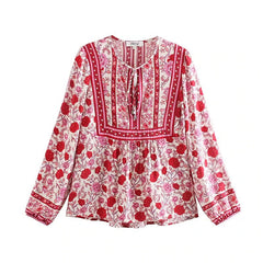 Floral Printed V-Neck Lace-Up Boho Blouse Mssza