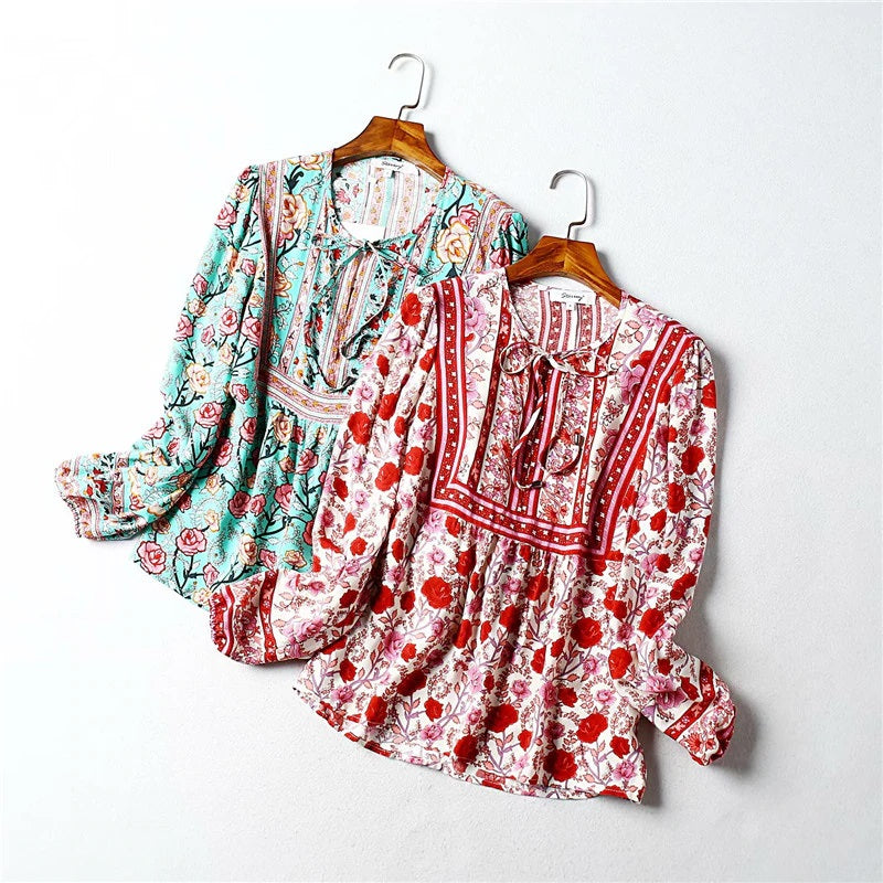 Floral Printed V-Neck Lace-Up Boho Blouse Mssza