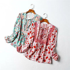 Floral Printed V-Neck Lace-Up Boho Blouse Mssza
