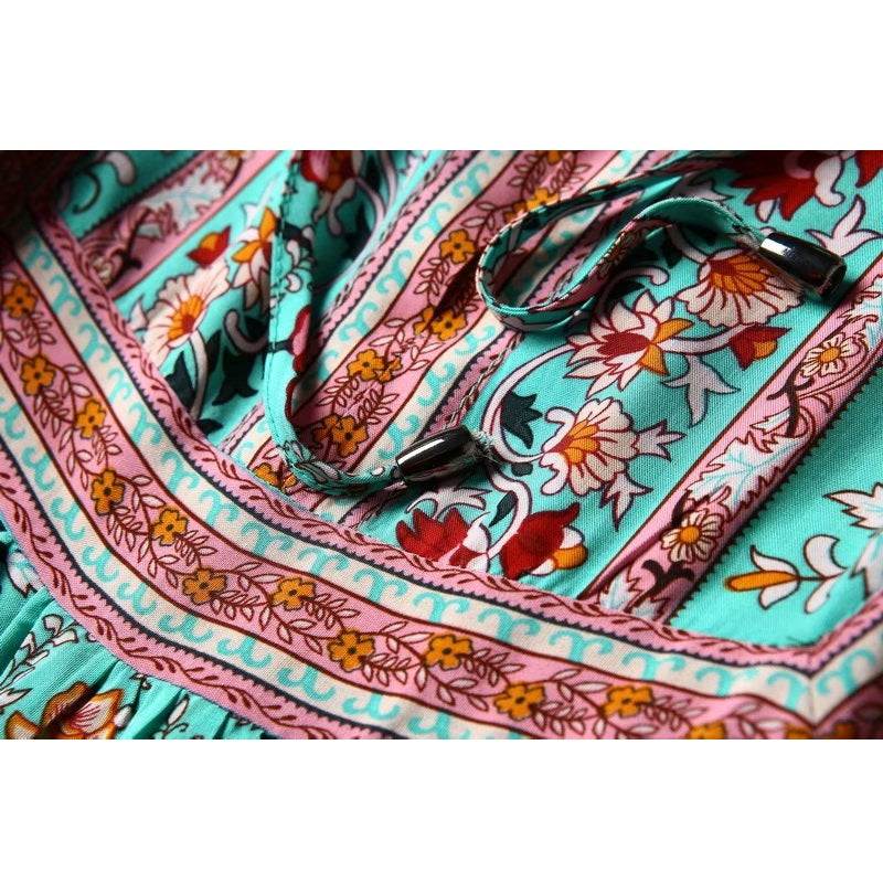 Floral Printed V-Neck Lace-Up Boho Blouse Mssza