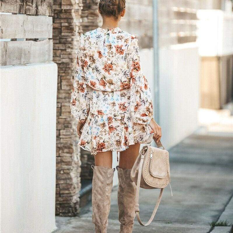 Frill Ruffle Boho Dress Floral Print Mini Dresses V-Neck Long Sleeve Beach dress 2019 Clothing Female Vestidos Mssaz Desses