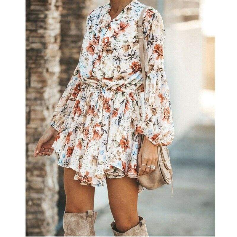 Frill Ruffle Boho Dress Floral Print Mini Dresses V-Neck Long Sleeve Beach dress 2019 Clothing Female Vestidos Mssaz Desses