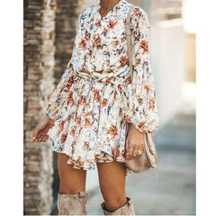 Frill Ruffle Boho Dress Floral Print Mini Dresses V-Neck Long Sleeve Beach dress 2019 Clothing Female Vestidos Mssaz Desses