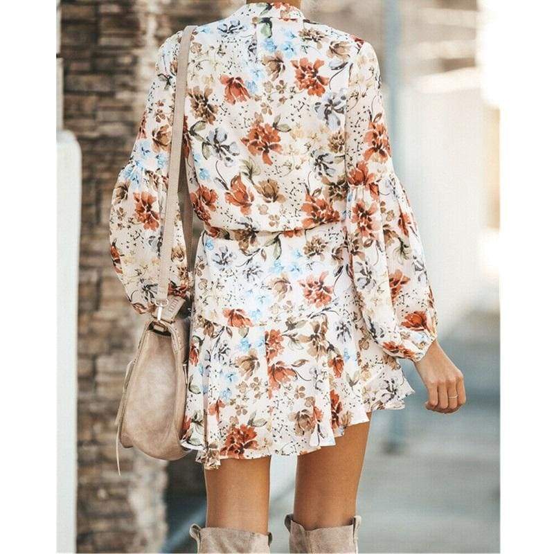 Frill Ruffle Boho Dress Floral Print Mini Dresses V-Neck Long Sleeve Beach dress 2019 Clothing Female Vestidos Mssaz Desses