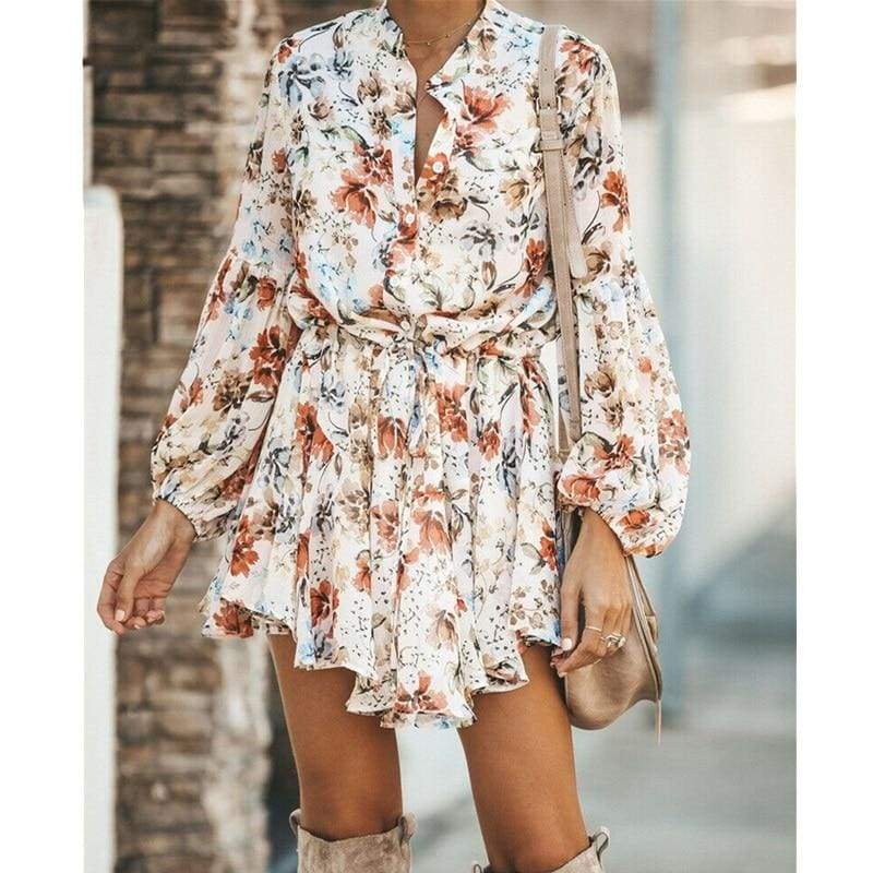 Frill Ruffle Boho Dress Floral Print Mini Dresses V-Neck Long Sleeve Beach dress 2019 Clothing Female Vestidos Mssaz Desses