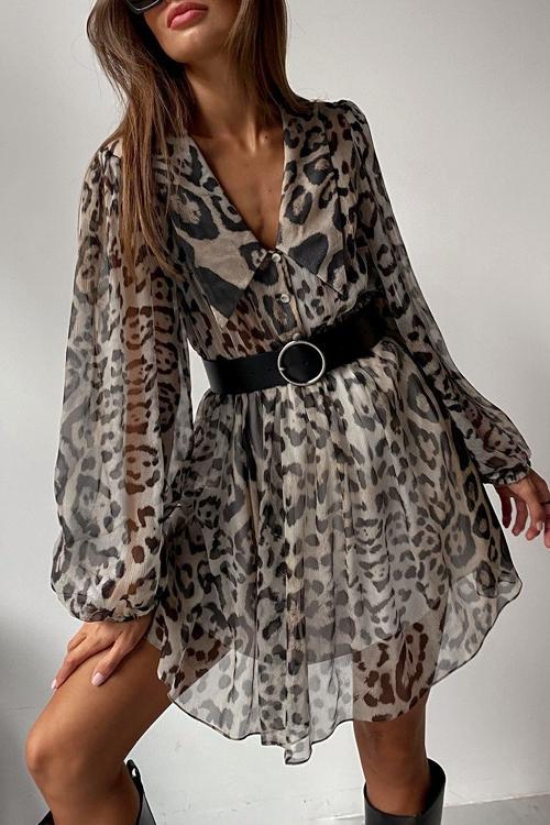 Gail Printed V-neck Belted Chiffon Mini Dress Mssaz Desses
