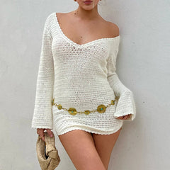 Beach Holiday Knitted Vintage Long Sleeve Backless Tie Up Crochet Evening Party Mini Dress Mssaz Desses