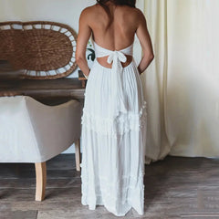 Chest Wrap Halter Ruffles Trim Maxi Boho Dress Mssaz Desses