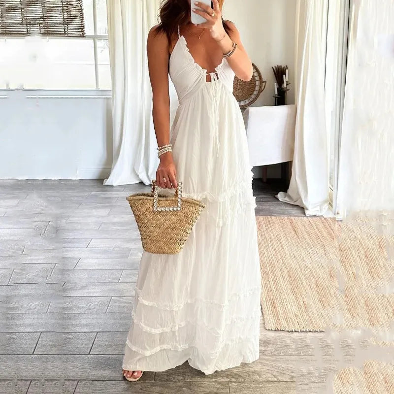 Chest Wrap Halter Ruffles Trim Maxi Boho Dress Mssaz Desses