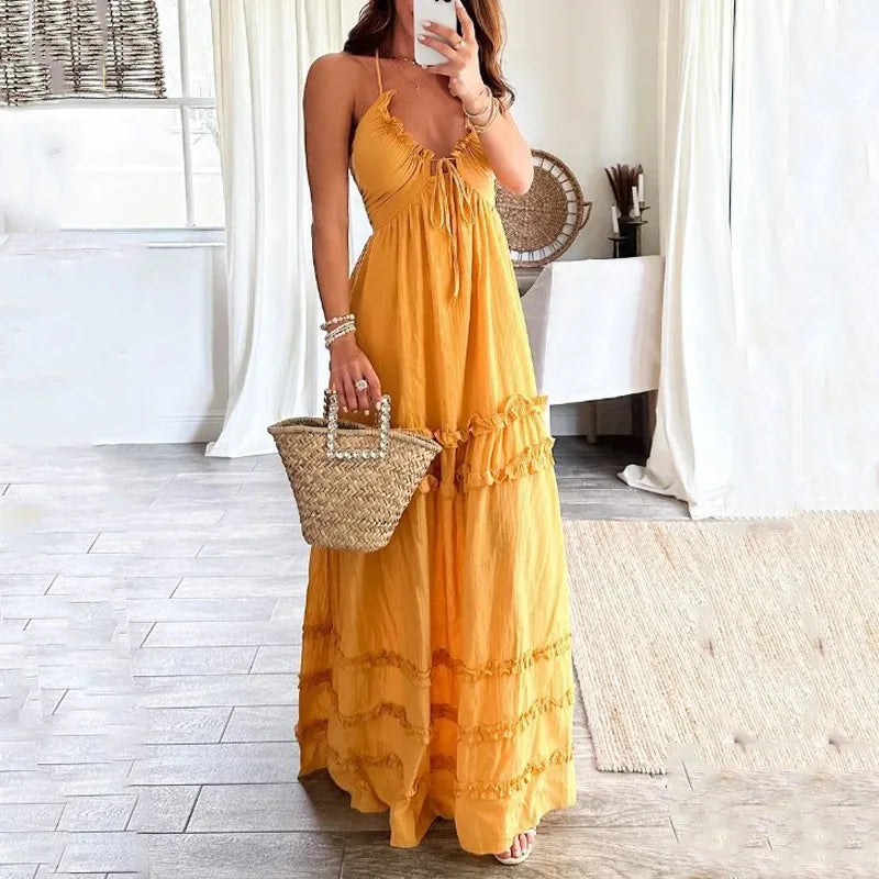 Chest Wrap Halter Ruffles Trim Maxi Boho Dress Mssaz Desses