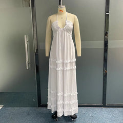 Chest Wrap Halter Ruffles Trim Maxi Boho Dress Mssaz Desses