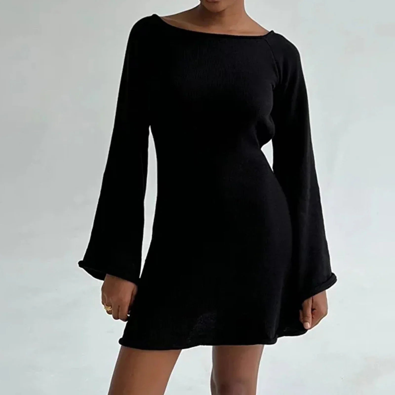 Knitted Casual Solid Color Backless Long Sleeve Party Streetwear Mini Dress Mssaz Desses