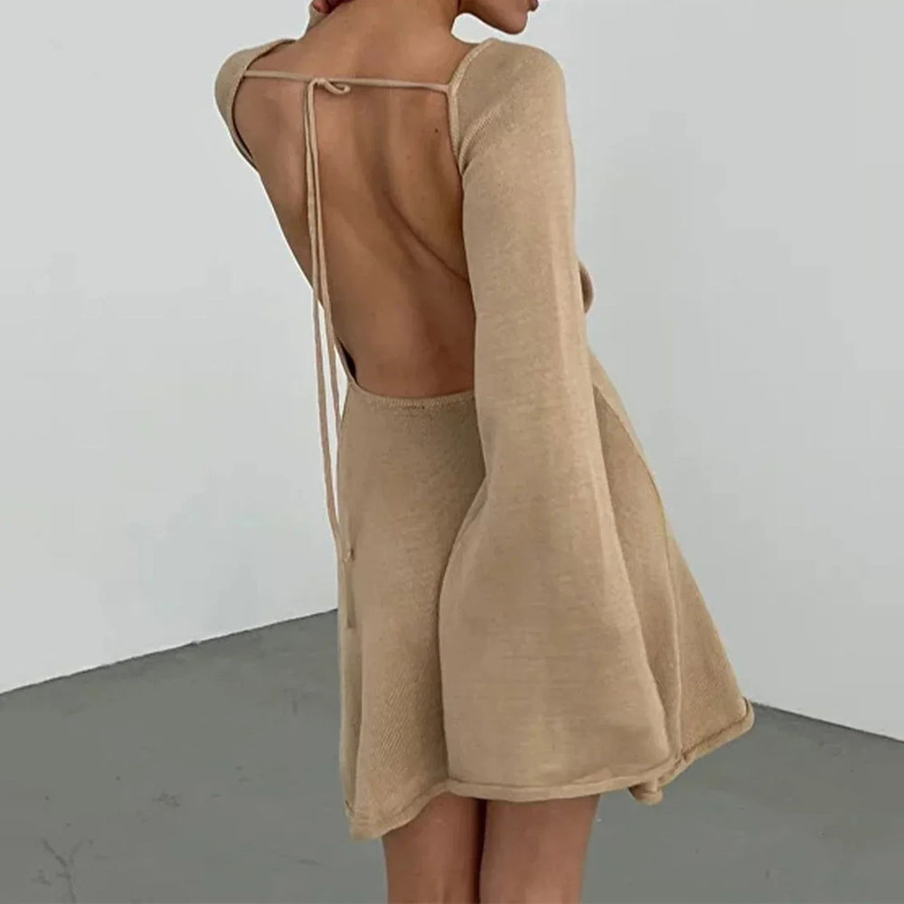 Knitted Casual Solid Color Backless Long Sleeve Party Streetwear Mini Dress Mssaz Desses