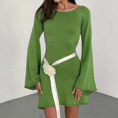 Knitted Casual Solid Color Backless Long Sleeve Party Streetwear Mini Dress Mssaz Desses