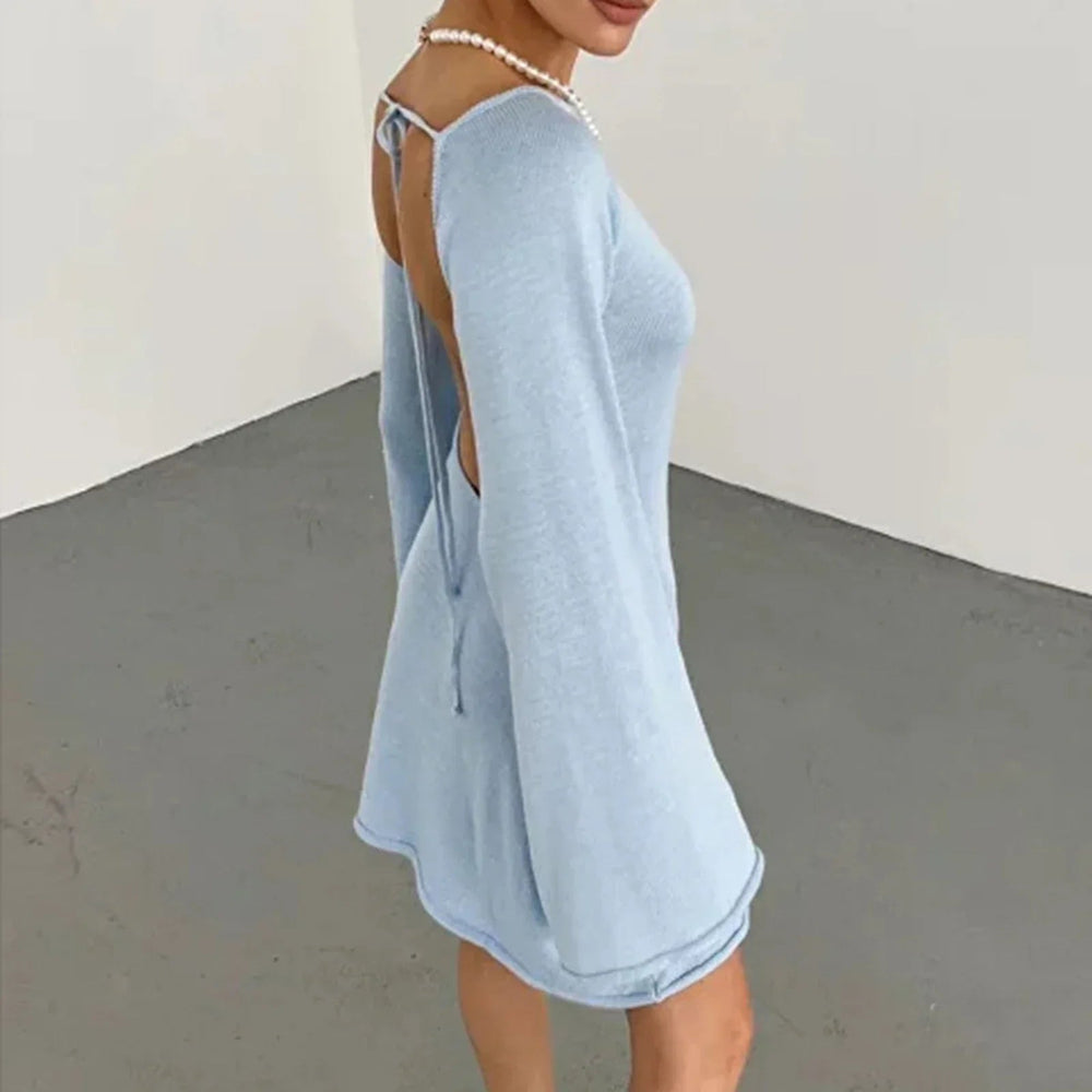 Knitted Casual Solid Color Backless Long Sleeve Party Streetwear Mini Dress Mssaz Desses