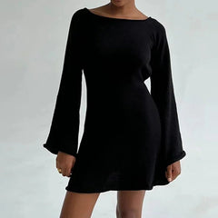 Knitted Casual Solid Color Backless Long Sleeve Party Streetwear Mini Dress Mssaz Desses
