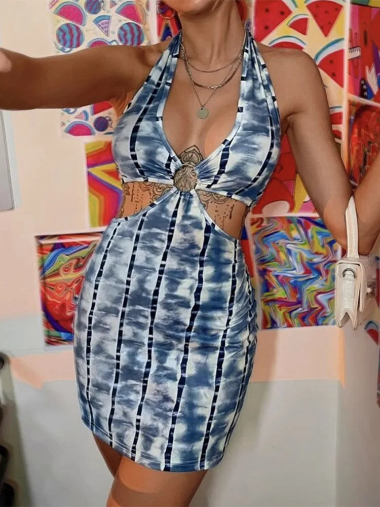 Bodycon Patchwork Streetwear Casual Low-cut Halter Beach Cut Out Dress Mssaz Desses