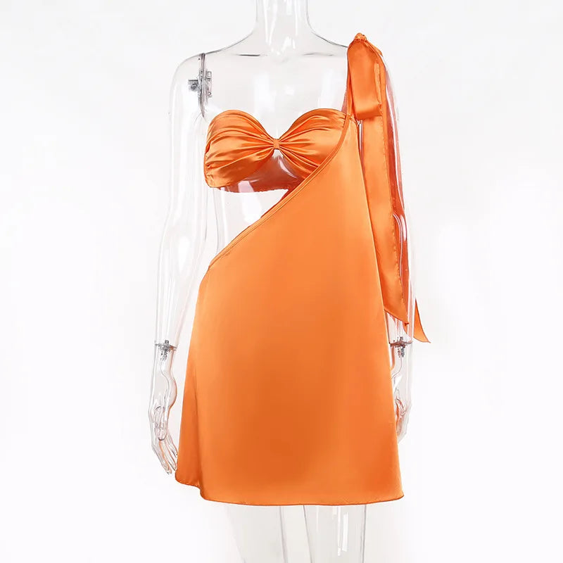 Casual Solid Color One Shoulder Wrap Chest Hollow-Out Temperament Cut Out Dress Mssaz Desses