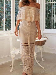 Tube Top Off Shoulder Knit Pattern Hollow Tie Up  Boho Dress Mssaz Desses