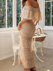Tube Top Off Shoulder Knit Pattern Hollow Tie Up  Boho Dress Mssaz Desses