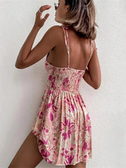 Floral Boho Pink Flower Print Bohemian Beach Style Ruffled Backless Mini Dress Mssaz Desses