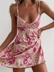 Floral Boho Pink Flower Print Bohemian Beach Style Ruffled Backless Mini Dress Mssaz Desses