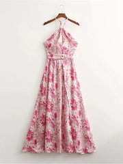 Floral Boho Pink Flower Print Bohemian Beach Style Ruffled Backless Mini Dress Mssaz Desses