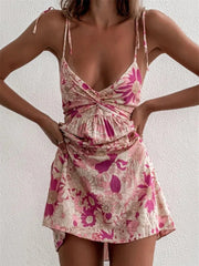 Floral Boho Pink Flower Print Bohemian Beach Style Ruffled Backless Mini Dress Mssaz Desses
