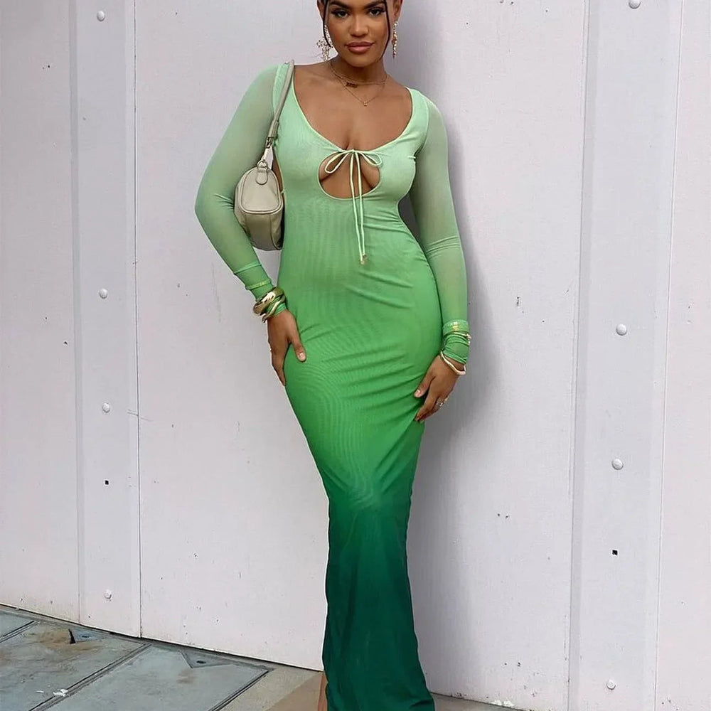 Sleeve Backless Hollow Out Lace Up Slit  Bodycon Fall Birthday Party Cut Out Dress Mssaz Desses