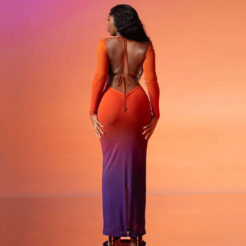 Sleeve Backless Hollow Out Lace Up Slit  Bodycon Fall Birthday Party Cut Out Dress Mssaz Desses