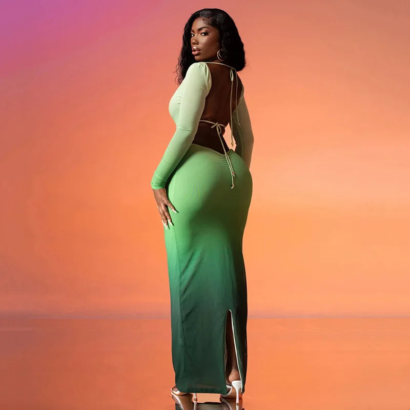 Sleeve Backless Hollow Out Lace Up Slit  Bodycon Fall Birthday Party Cut Out Dress Mssaz Desses