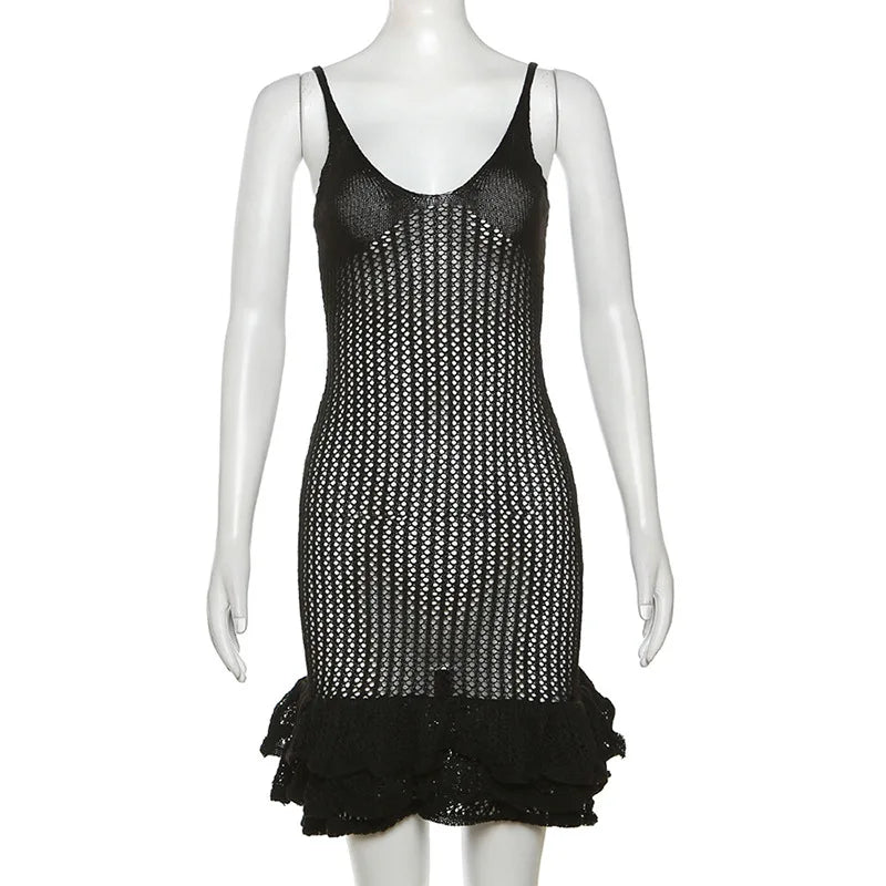 Knit Hipster See Through Pleated Hem Deep v-Neck Backless Sleeveless Clubwear Mini Dress Mssaz Desses