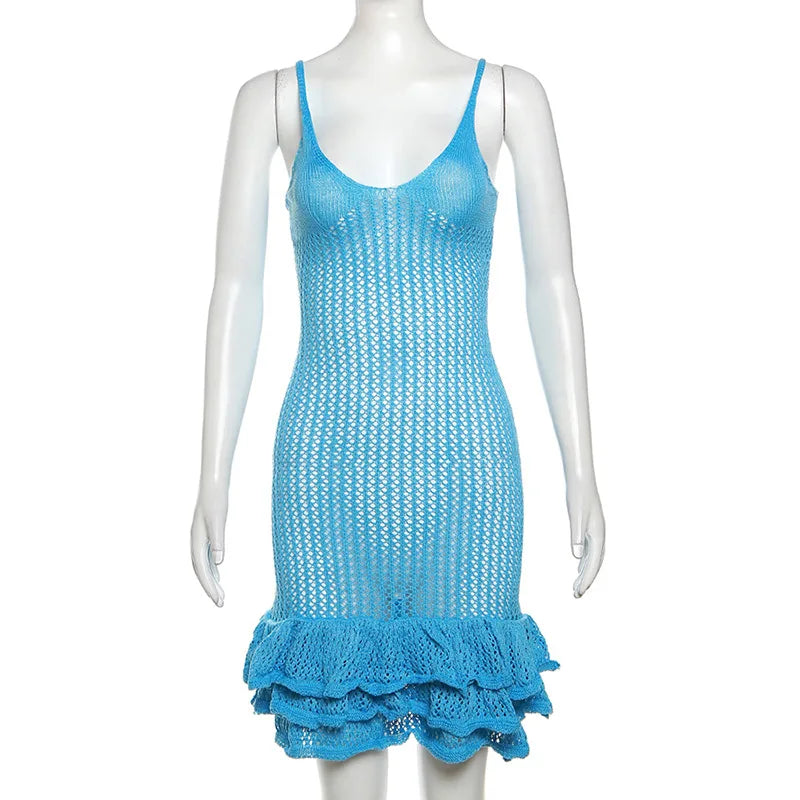 Knit Hipster See Through Pleated Hem Deep v-Neck Backless Sleeveless Clubwear Mini Dress Mssaz Desses
