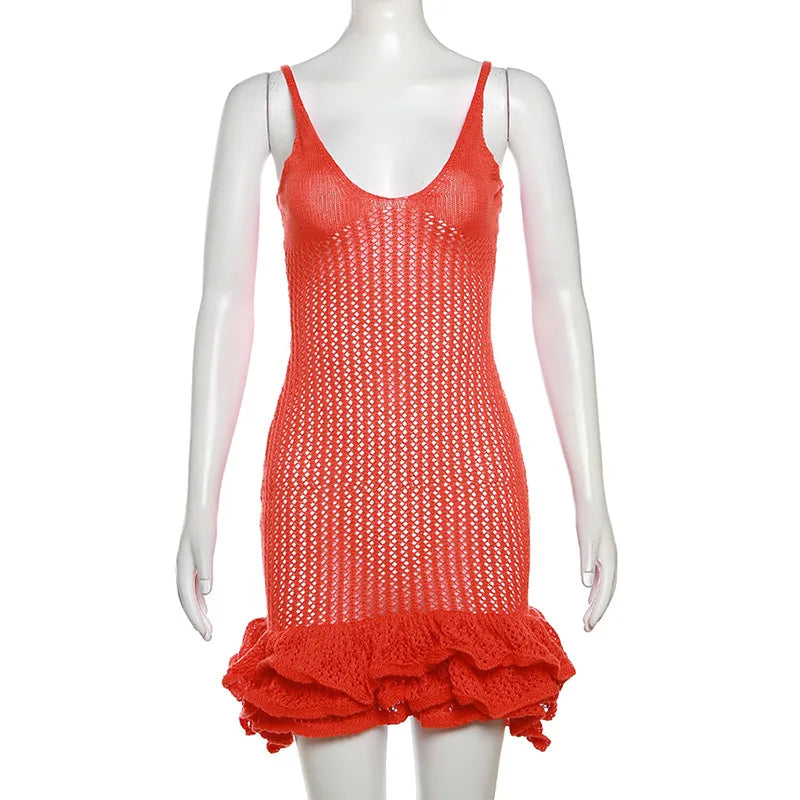 Knit Hipster See Through Pleated Hem Deep v-Neck Backless Sleeveless Clubwear Mini Dress Mssaz Desses