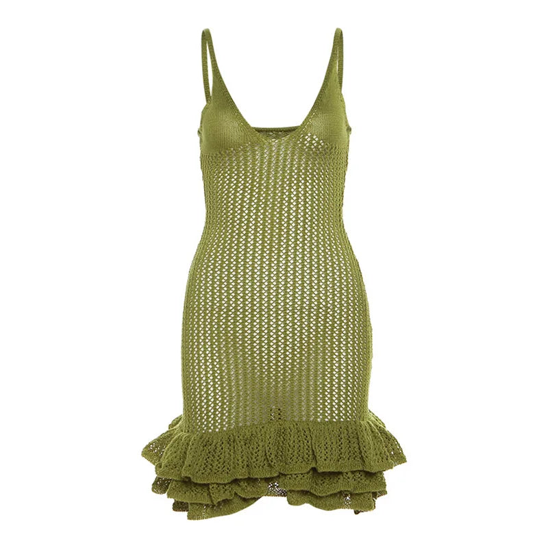 Knit Hipster See Through Pleated Hem Deep v-Neck Backless Sleeveless Clubwear Mini Dress Mssaz Desses